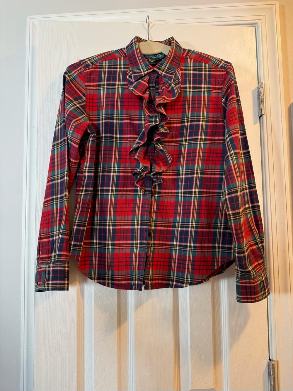 Ralph Lauren Red Navy Tartan Ruffle-Front Blouse